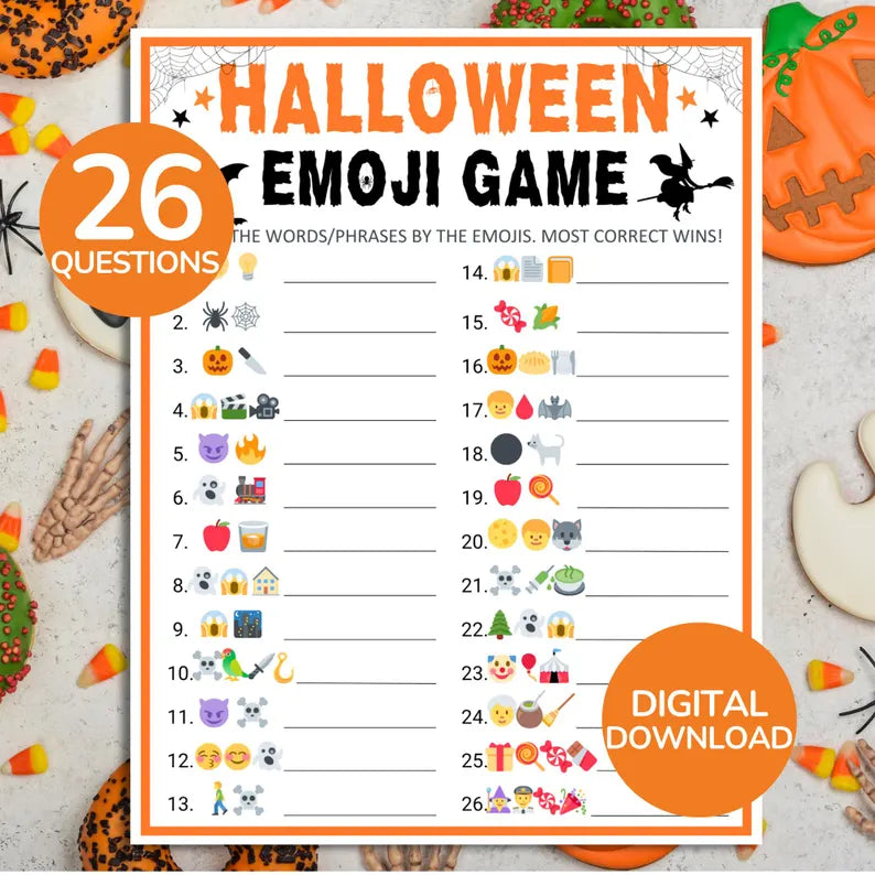 Halloween Emoji Game Printable – 26 Questions, Fun Party Activity & Digital Download PDF