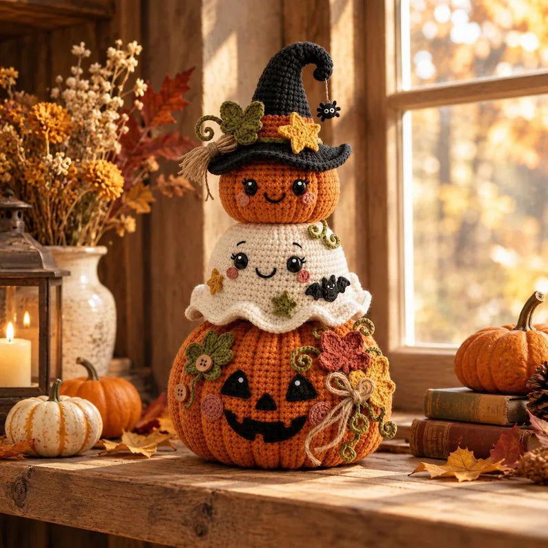 Cute Halloween Crochet Pumpkin & Ghost Stack – Witch Hat Amigurumi Fall Decor Pattern