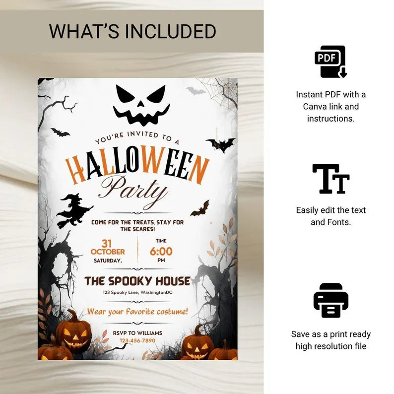 Editable Halloween Party Invitation Template – Spooky Canva Digital Invite & Printable Card