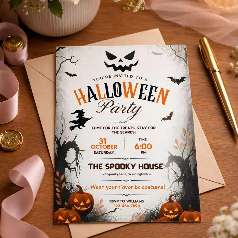Editable Halloween Party Invitation Template – Spooky Canva Digital Invite & Printable Card