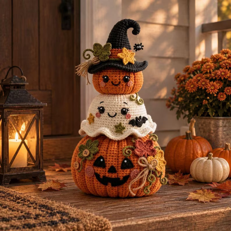 Cute Halloween Crochet Pumpkin & Ghost Stack – Witch Hat Amigurumi Fall Decor Pattern