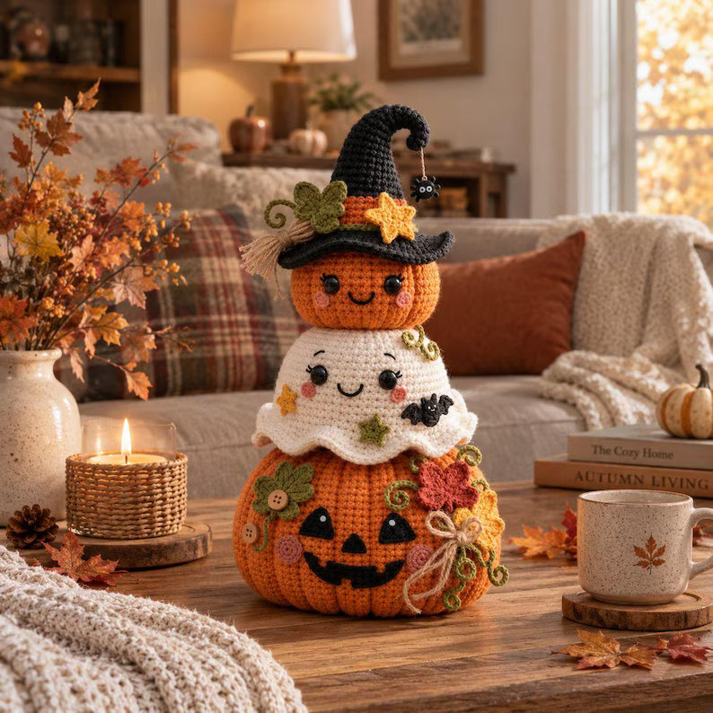 Cute Halloween Crochet Pumpkin & Ghost Stack – Witch Hat Amigurumi Fall Decor Pattern