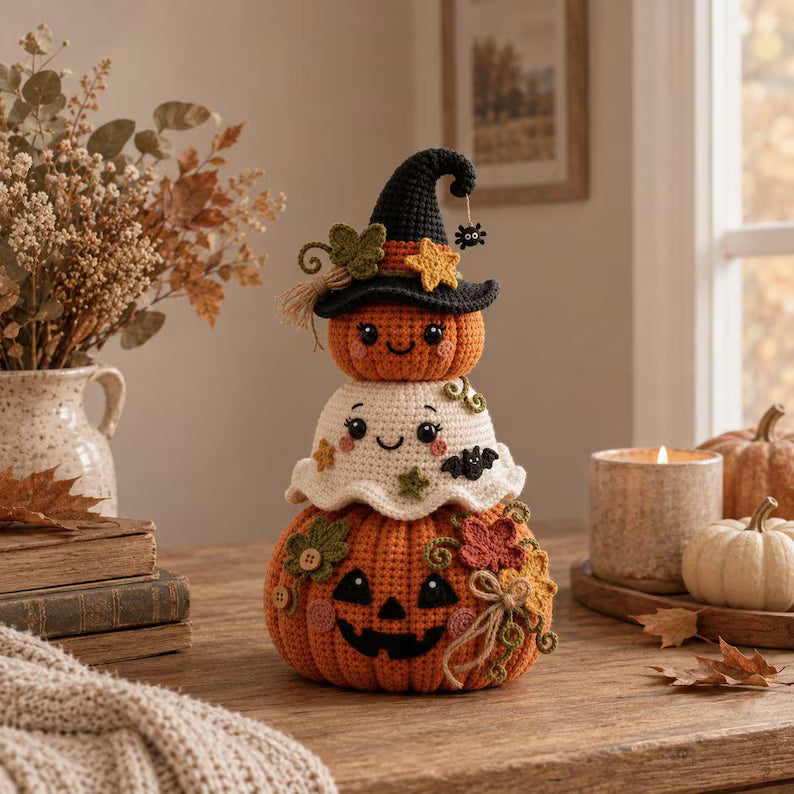 Cute Halloween Crochet Pumpkin & Ghost Stack – Witch Hat Amigurumi Fall Decor Pattern
