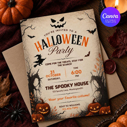 Editable Halloween Party Invitation Template – Spooky Canva Digital Invite & Printable Card