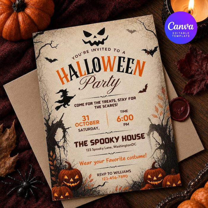 Editable Halloween Party Invitation Template – Spooky Canva Digital Invite & Printable Card