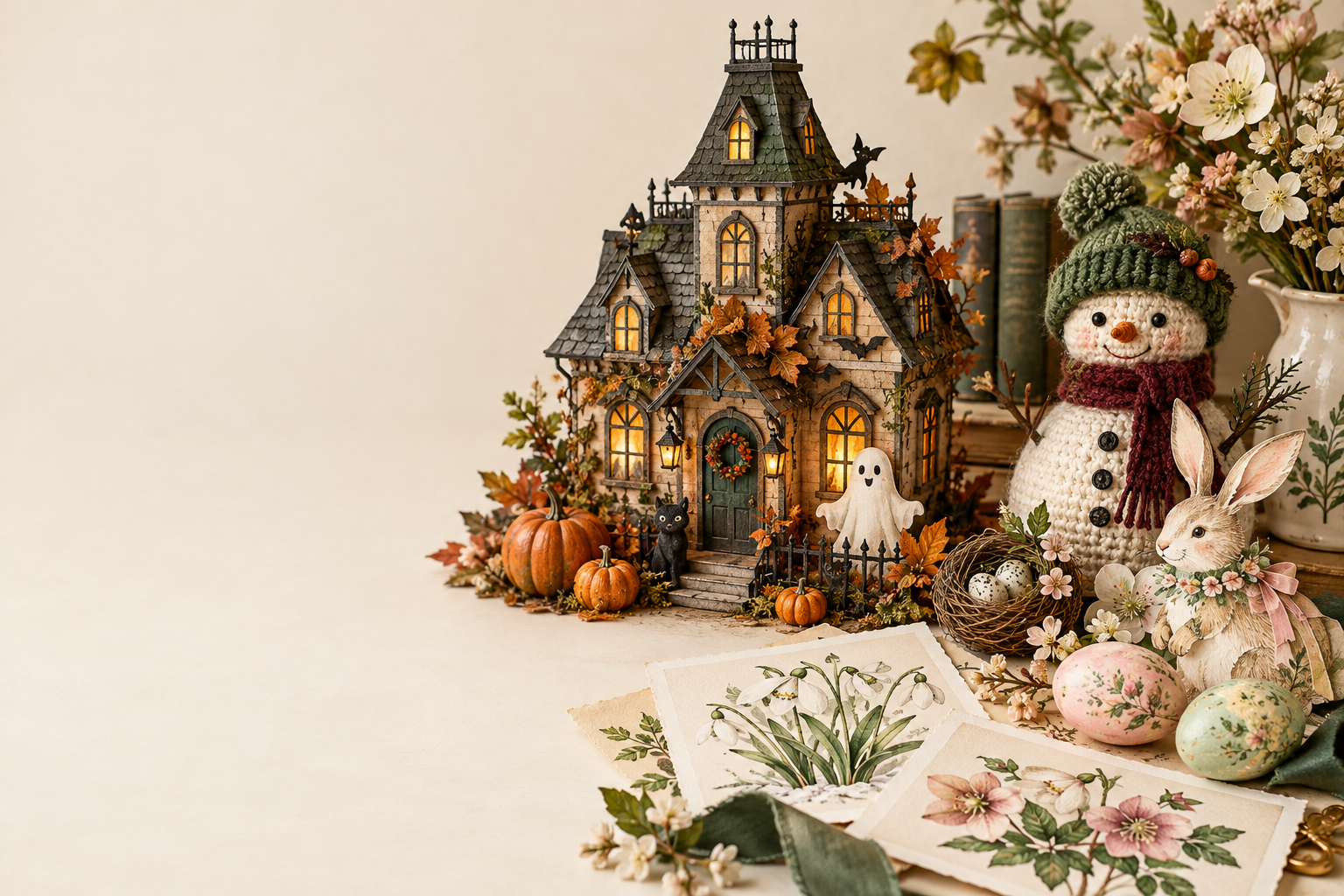 Seasonal paper crafts, crochet snowman and botanical art